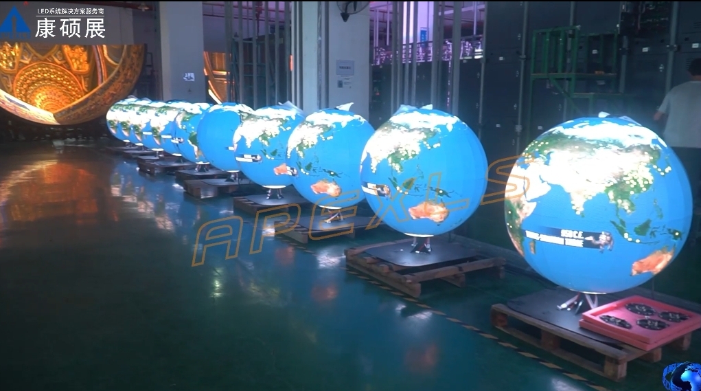 Multiple LED sphere displays with a diameter of 1 meter